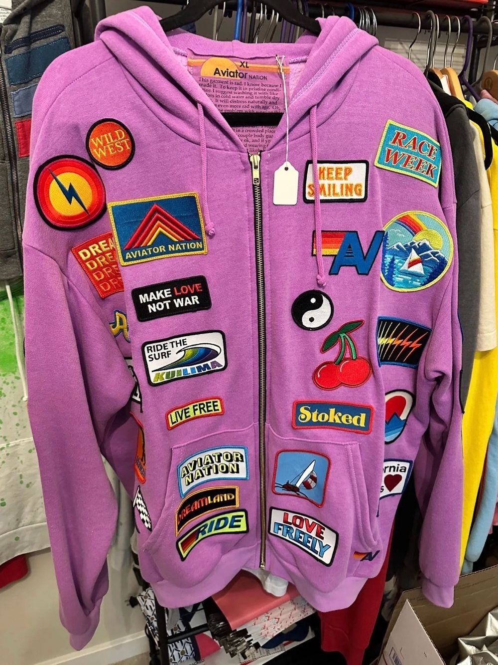 Aviator Nation Lavender Patchwork Patch Zip Hoodie with Multicolor Patches
